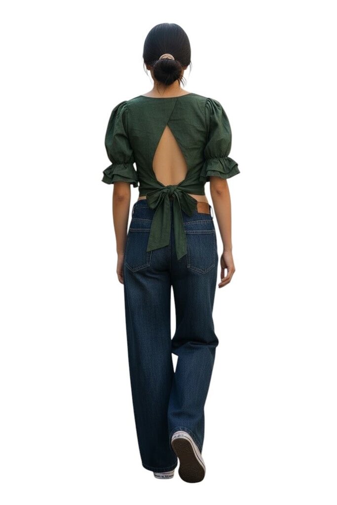 All That Remains Linen Green Puff Sleeve Cropped Top