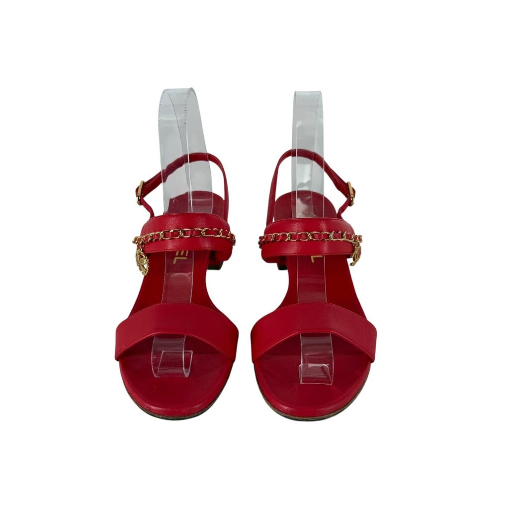 Chanel CC Logo Leather Sandal with Gold Chain Strap