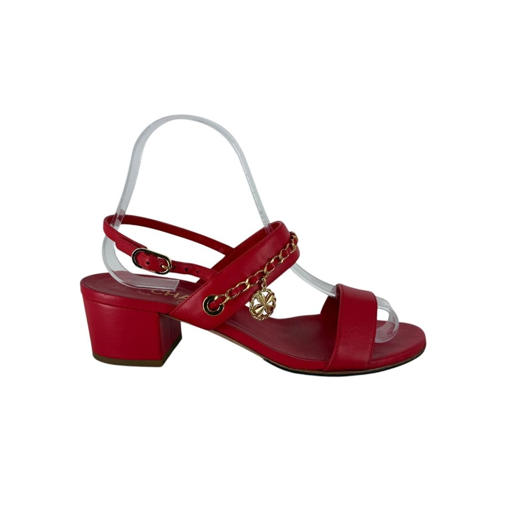 Chanel CC Logo Leather Sandal with Gold Chain Strap