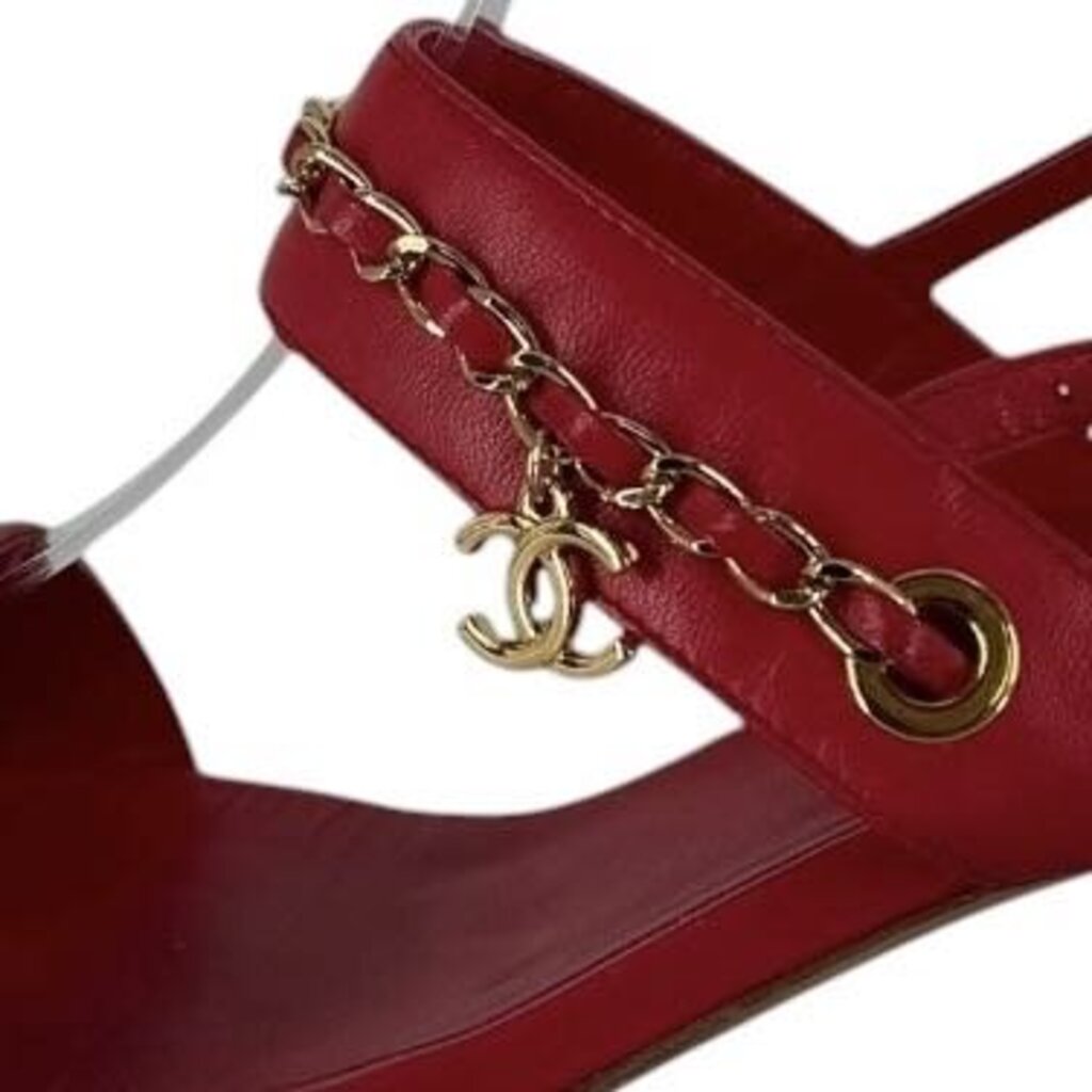 Chanel CC Logo Leather Sandal with Gold Chain Strap