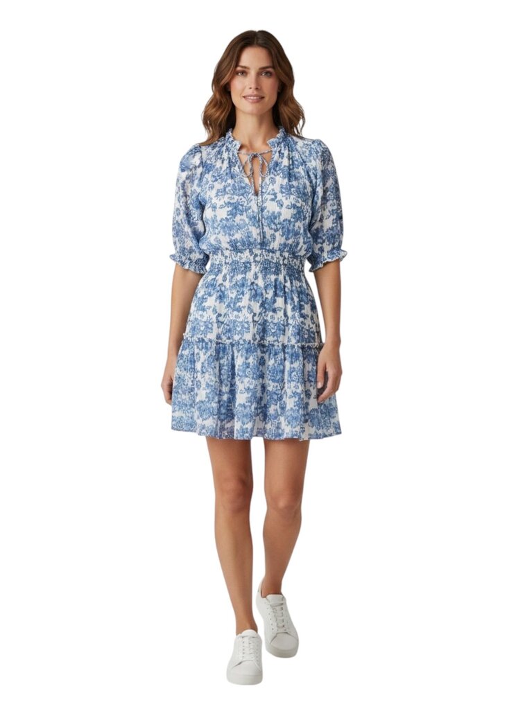 Puff Sleeve V Neck Cinched Waist Dress