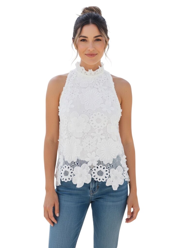 Tuckernuck Embroidered White Floral Sleeveless with Bow Tie in Back