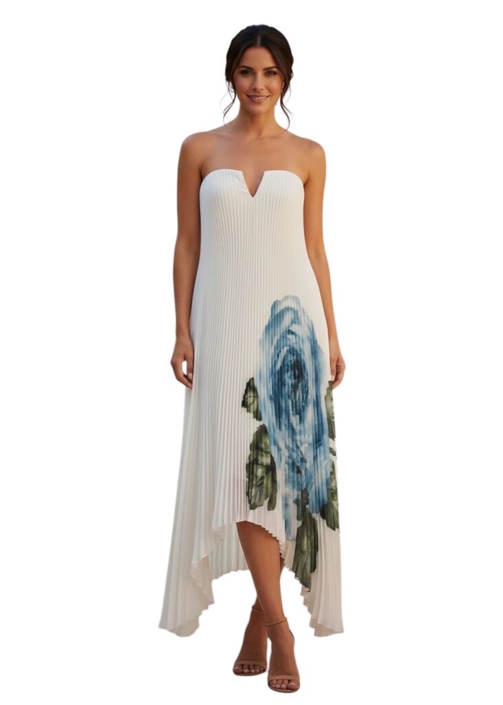Strapless Knife Pleat Floral Maxi Dress