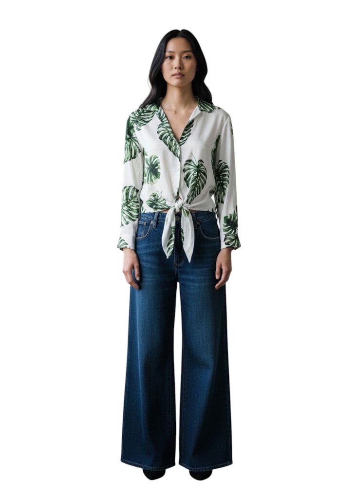 Silk Annie Blouse Tropical Green Leaf Tie Front/FD6
