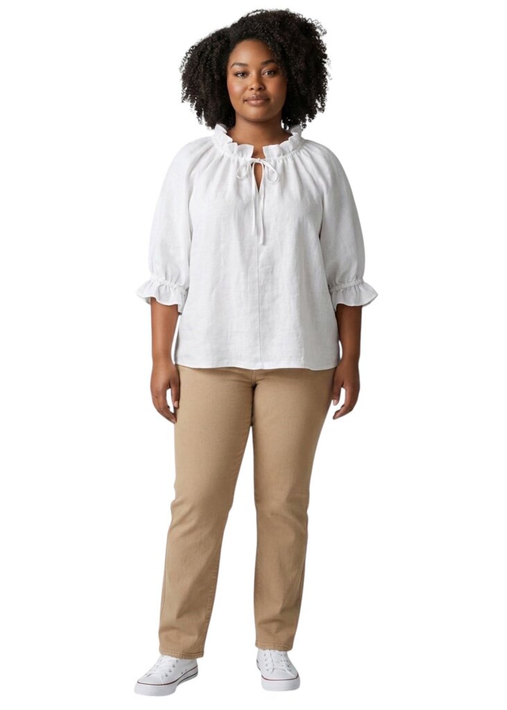 Ruffle Hem Linen Short Sleeve Blouse