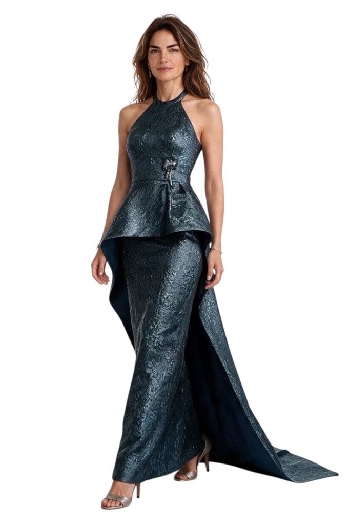 Halter Neck Metallic Ball Gown with Train Formal