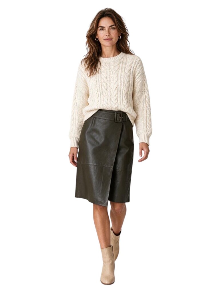 Belted Leather Midi Skirt