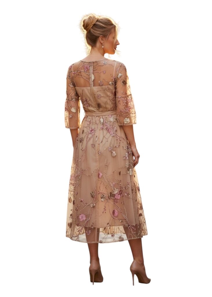 Sheer Floral Embroidered Midi Dress