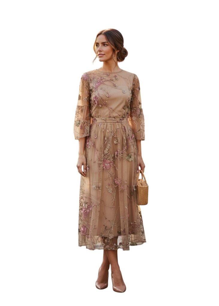 Sheer Floral Embroidered Midi Dress