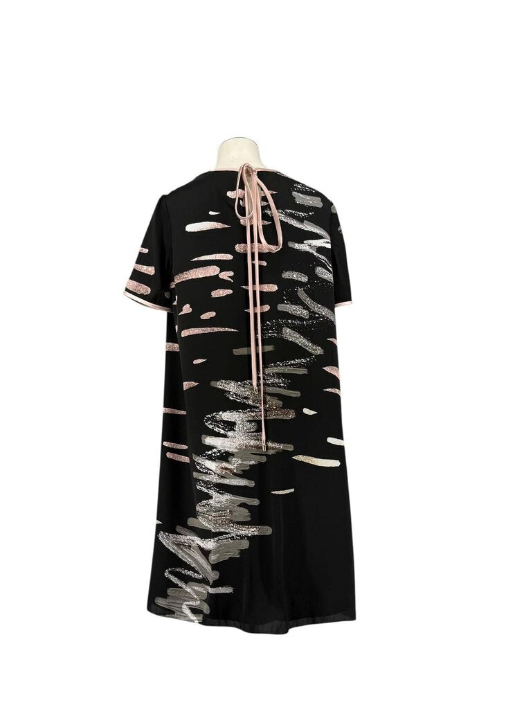 Mi Jong Lee Silk Tie Neck Brushstroke Mini Dress