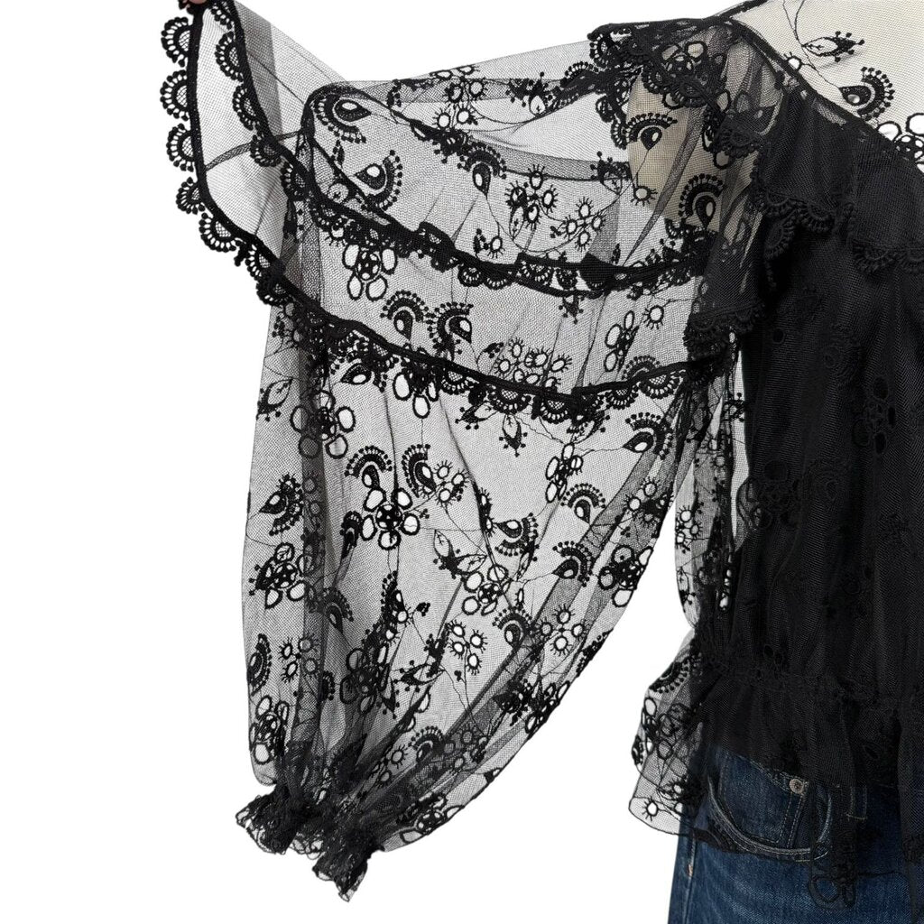 Embroidered Tulle Ruffle Mock Neck Top