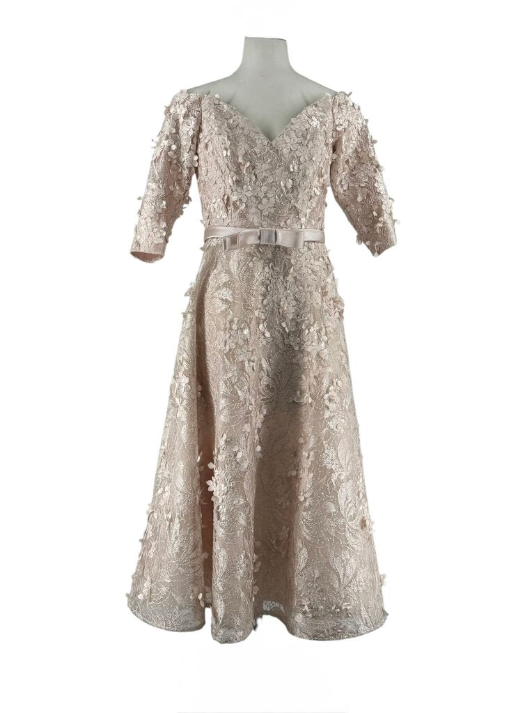 Belted Fleurette Off Shoulder Midi Dress