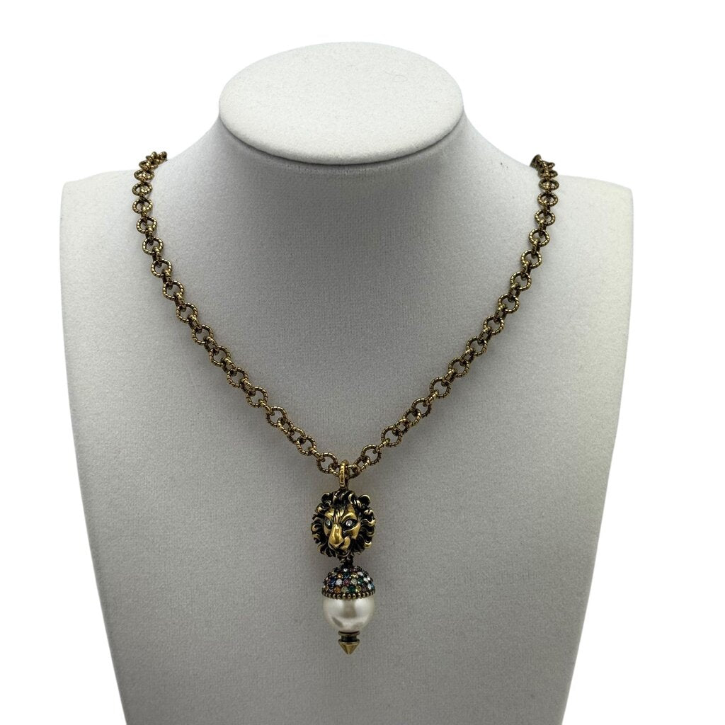 Gucci Faux Pearl & Crystal Lion Head Pendant Necklace