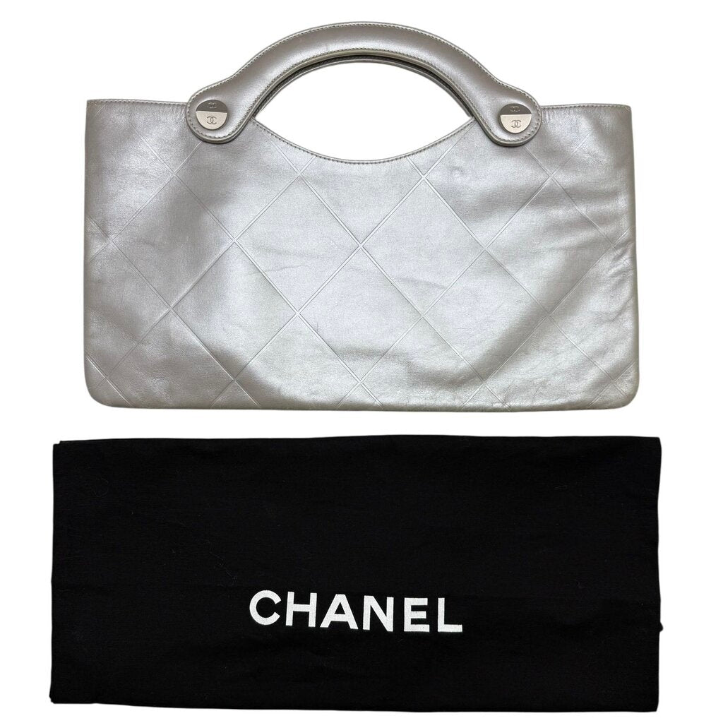 Chanel Top Handle Clutch Tote with Oversized Quilted Topstitch Handbag with CC Button Details