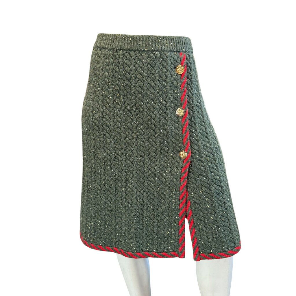 Gucci Cable Knit Skirt Womens in Green with Gold Crested Buttons and Red Candy Cane Striped Trim