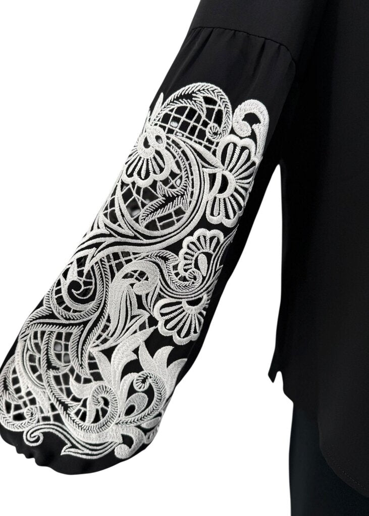 Embroidered Bell Sleeve Mock Neck Top