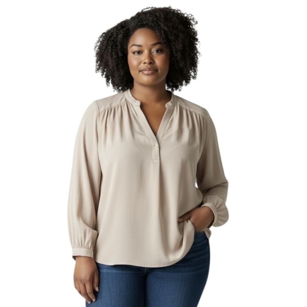 Ecru Collar V Neck Button Up Top