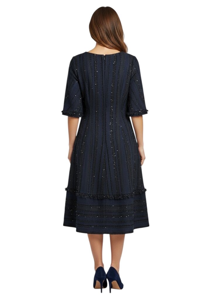 Navy blue dress with intricate detailing on a white background
