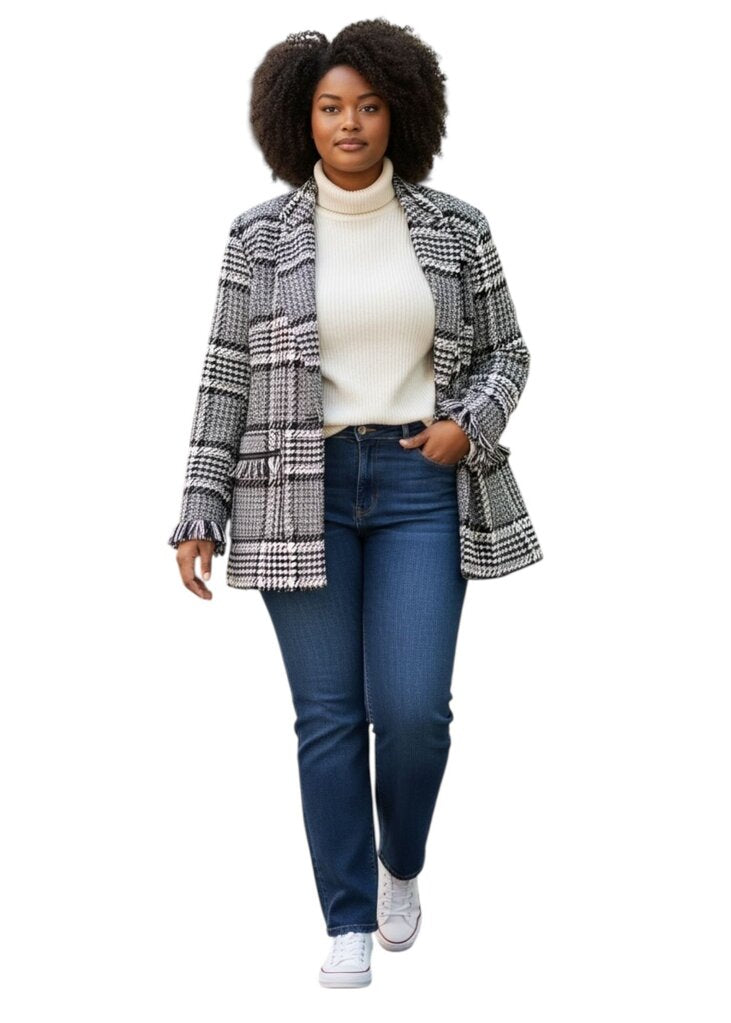 Paula Ryan Fringed Check Boyfriend Blazer