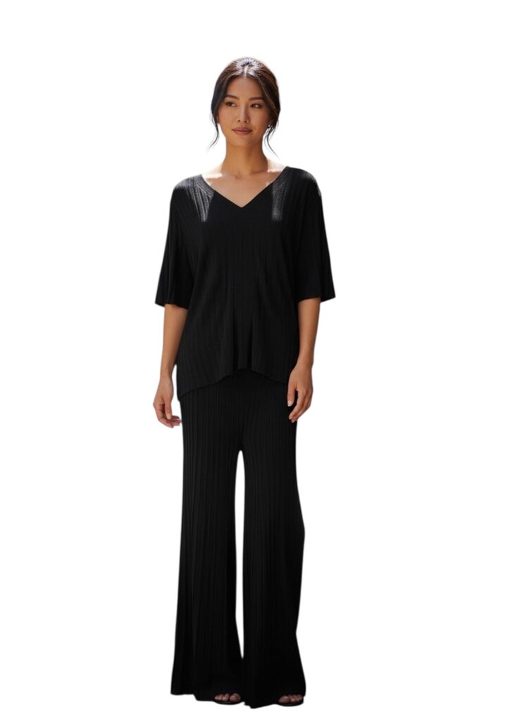 Biana Ribbed Black Pants with Elastic Waist