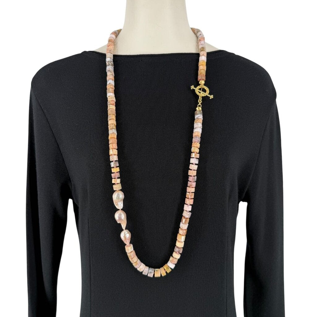 Hand Tied Yellow Jasper Coral Barrel Baroque Pearl / KB5