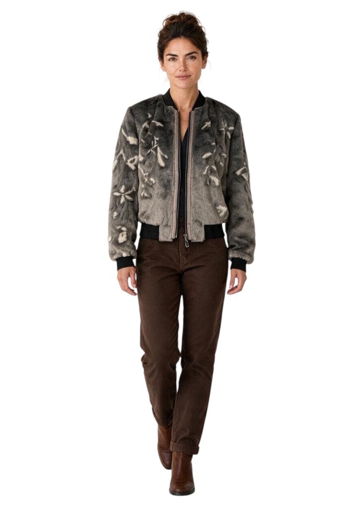 Patterned Faux Fur Zip Up Coat