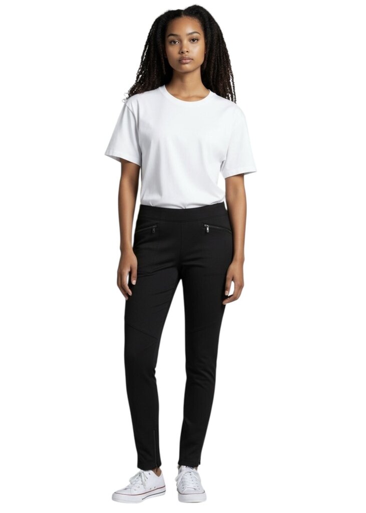 Woman wearing a white t-shirt and black pants on a white background