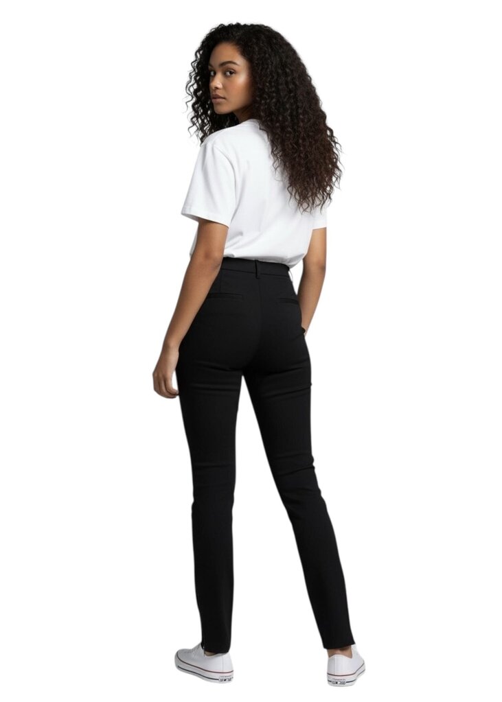 Woman wearing a white t-shirt and black pants on a white background