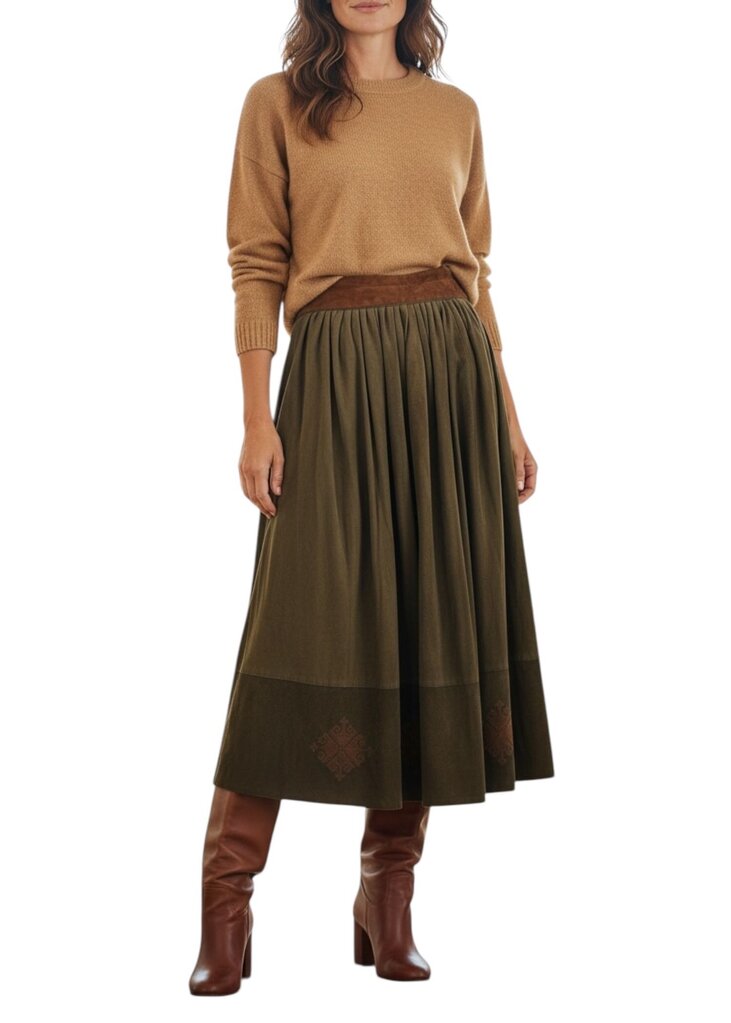 Embroidered Suede Midi Skirt