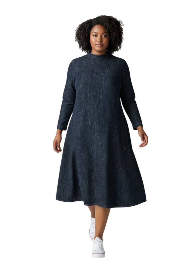Denim Mock Neck Tiered Midi Dress