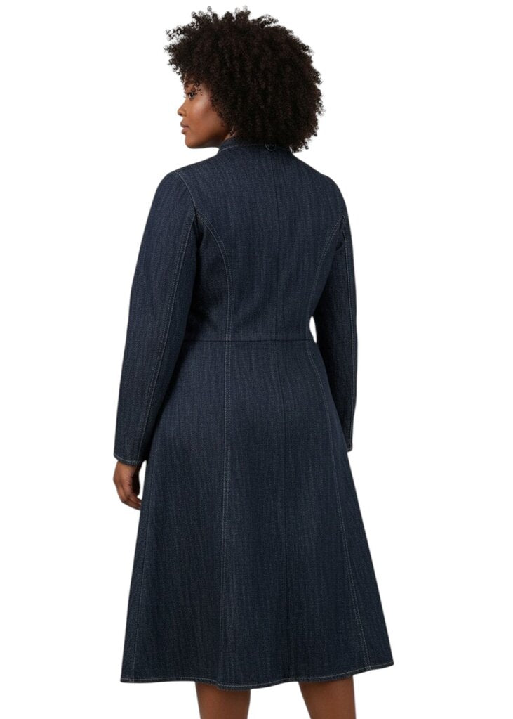Denim Mock Neck Tiered Midi Dress