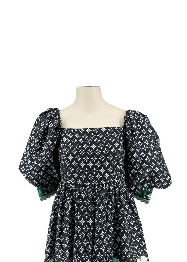 Emily Lovelock Puff Sleeve Midi Black Green Floral Dress