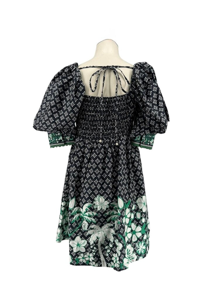 Emily Lovelock Puff Sleeve Midi Black Green Floral Dress