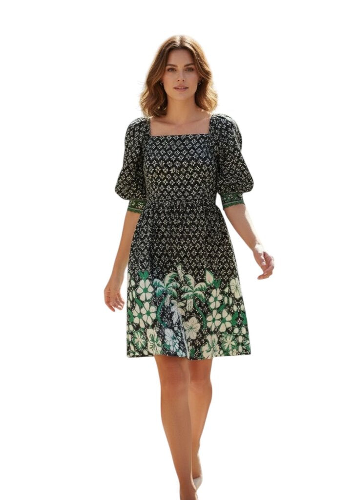 Emily Lovelock Puff Sleeve Midi Black Green Floral Dress