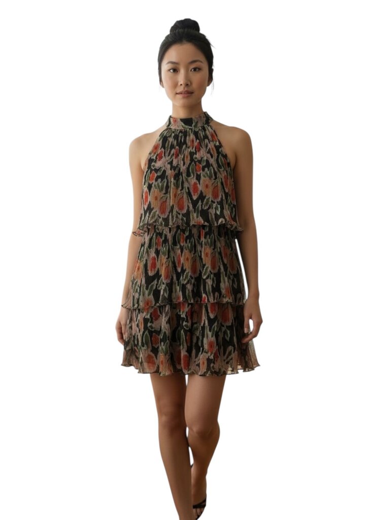 Floral Blk/Rd Tiered Romper