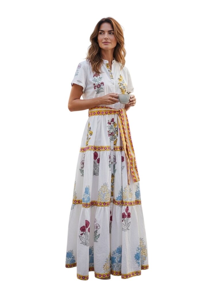 Nibi Crm Floral Block Print Waist Tie Maxi