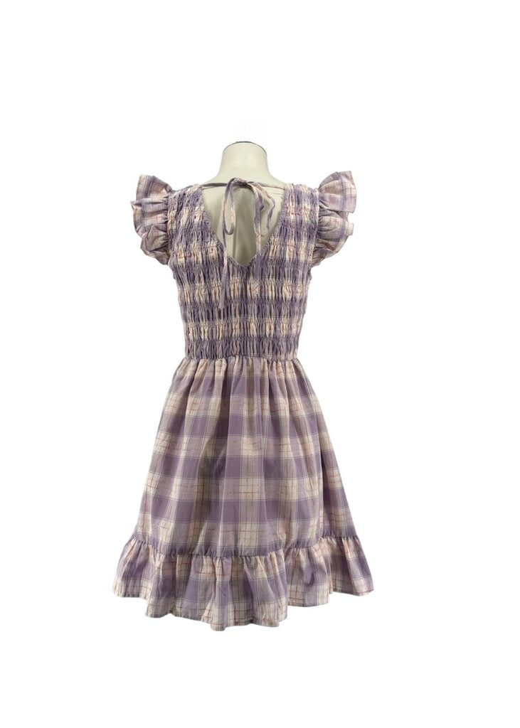 En Saison Purple Vneck Gingham Ruffle Sleeve Midi