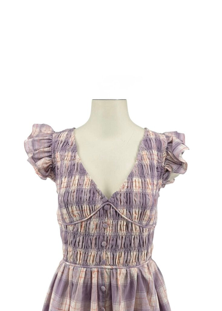 En Saison Purple Vneck Gingham Ruffle Sleeve Midi