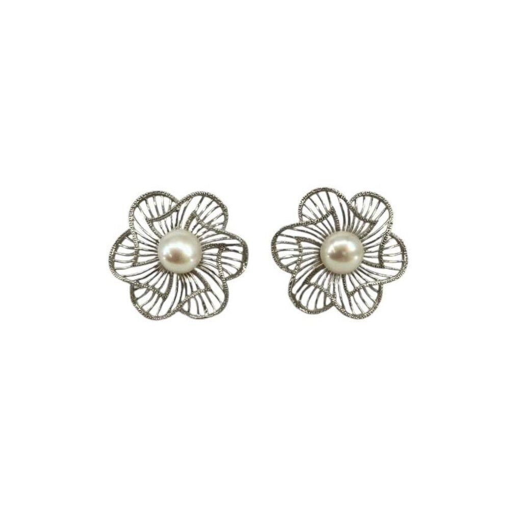 Freshwater Cultured Pearl and Miligrain Sterling Silver Floral Stud Earrings