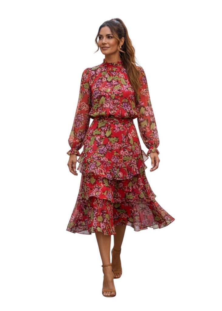 Saloni Red Rose Long Sleeve Tiered Ruffle