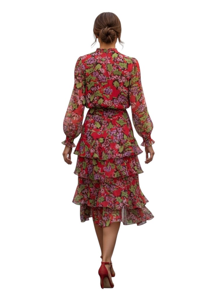 Saloni Red Rose Long Sleeve Tiered Ruffle