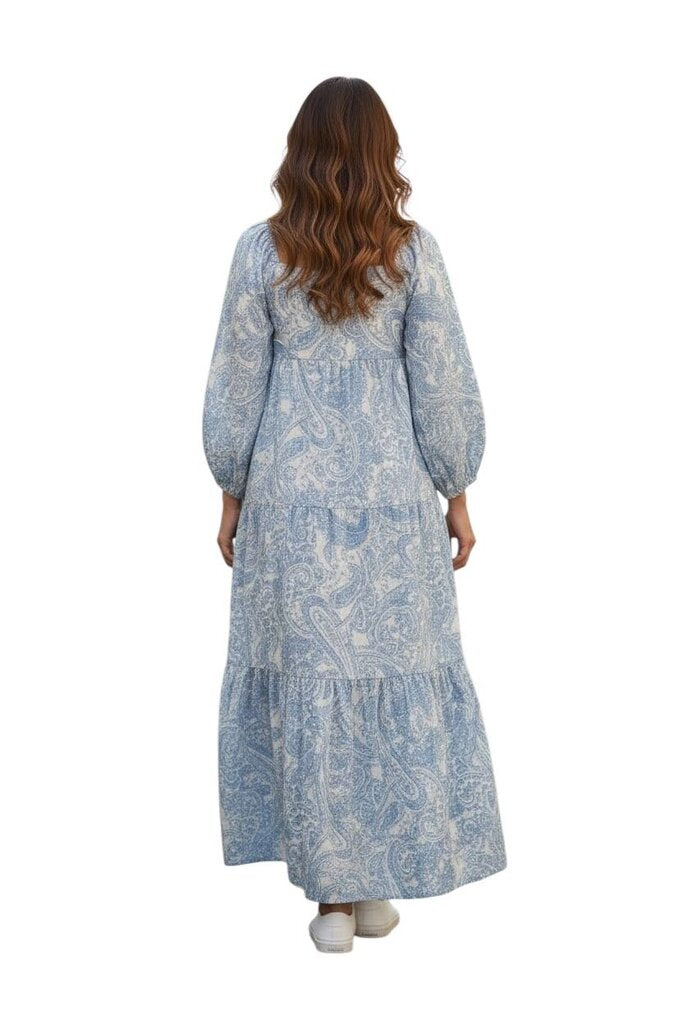 Tiered Paisley Puff Sleeve Maxi Dress