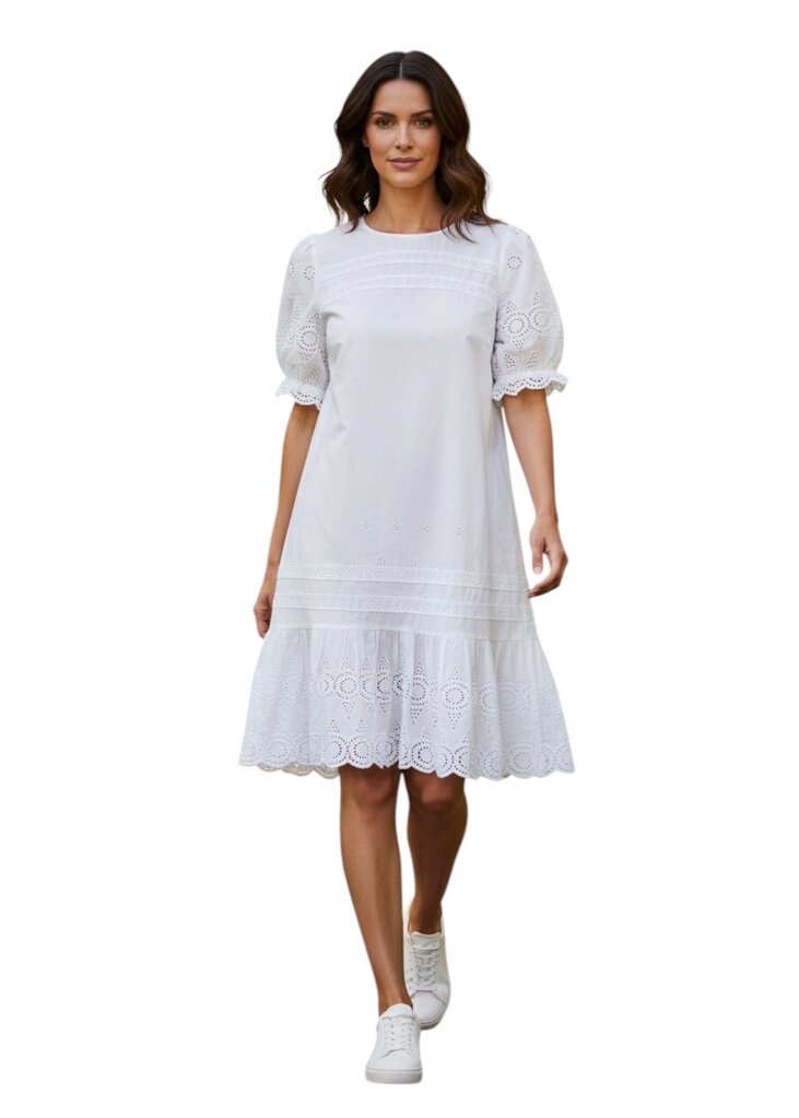 White Cap Sleeve Eyelet Ruffle Bottom Midi Dress