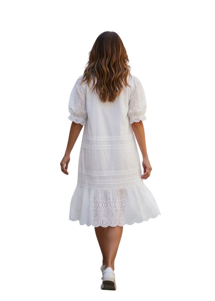 White Cap Sleeve Eyelet Ruffle Bottom Midi Dress