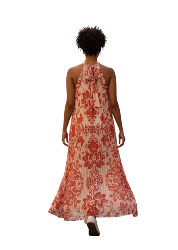 Mestiza Pleated Red Ivory Floral Halter Dress