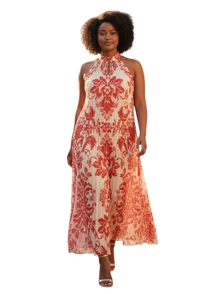 Mestiza Pleated Red Ivory Floral Halter Dress