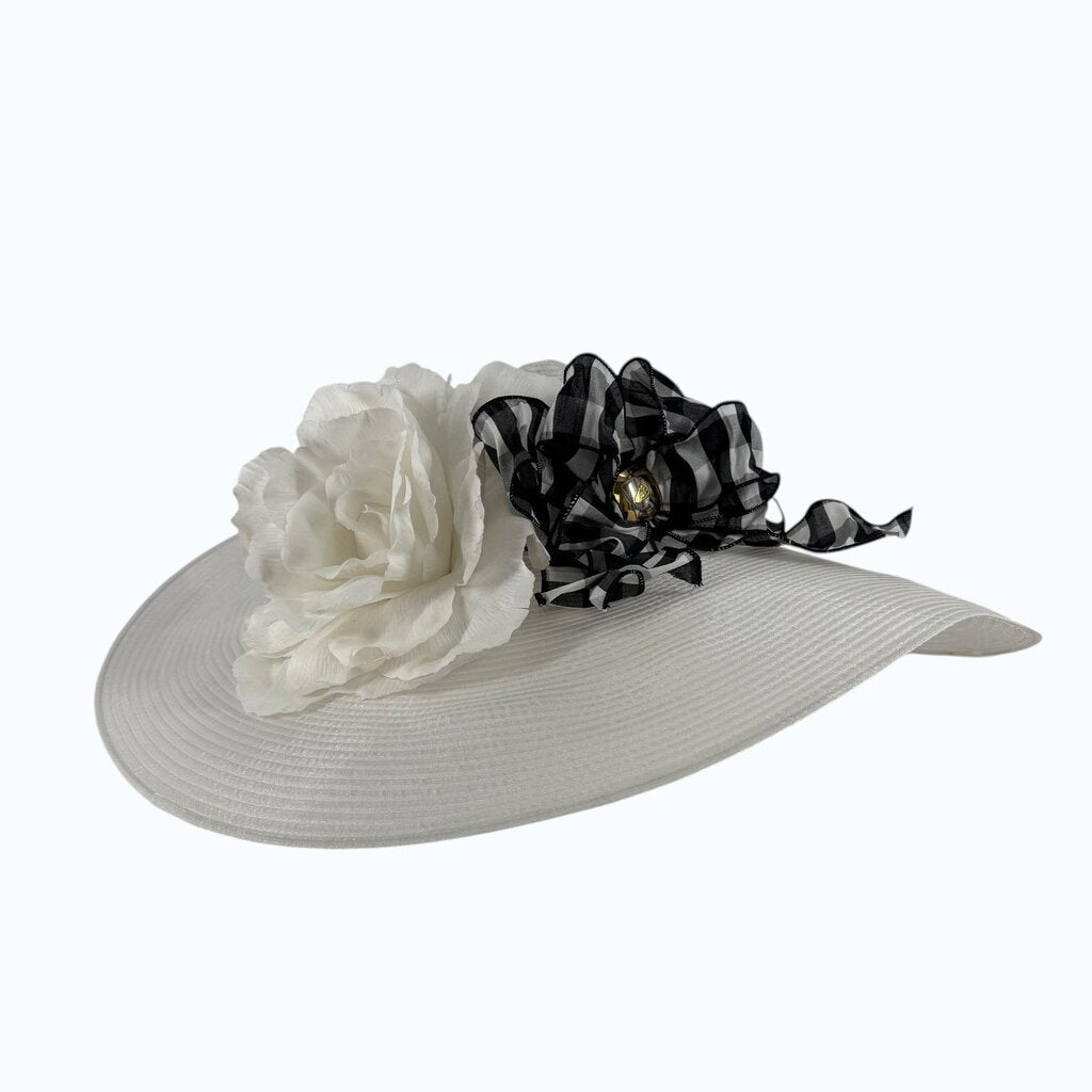 Large Brim White Hat with Horse Pin and Black and White Gingham Ribbon