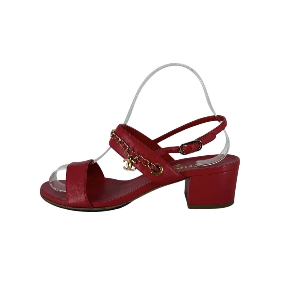 Chanel CC Logo Leather Sandal with Gold Chain Strap