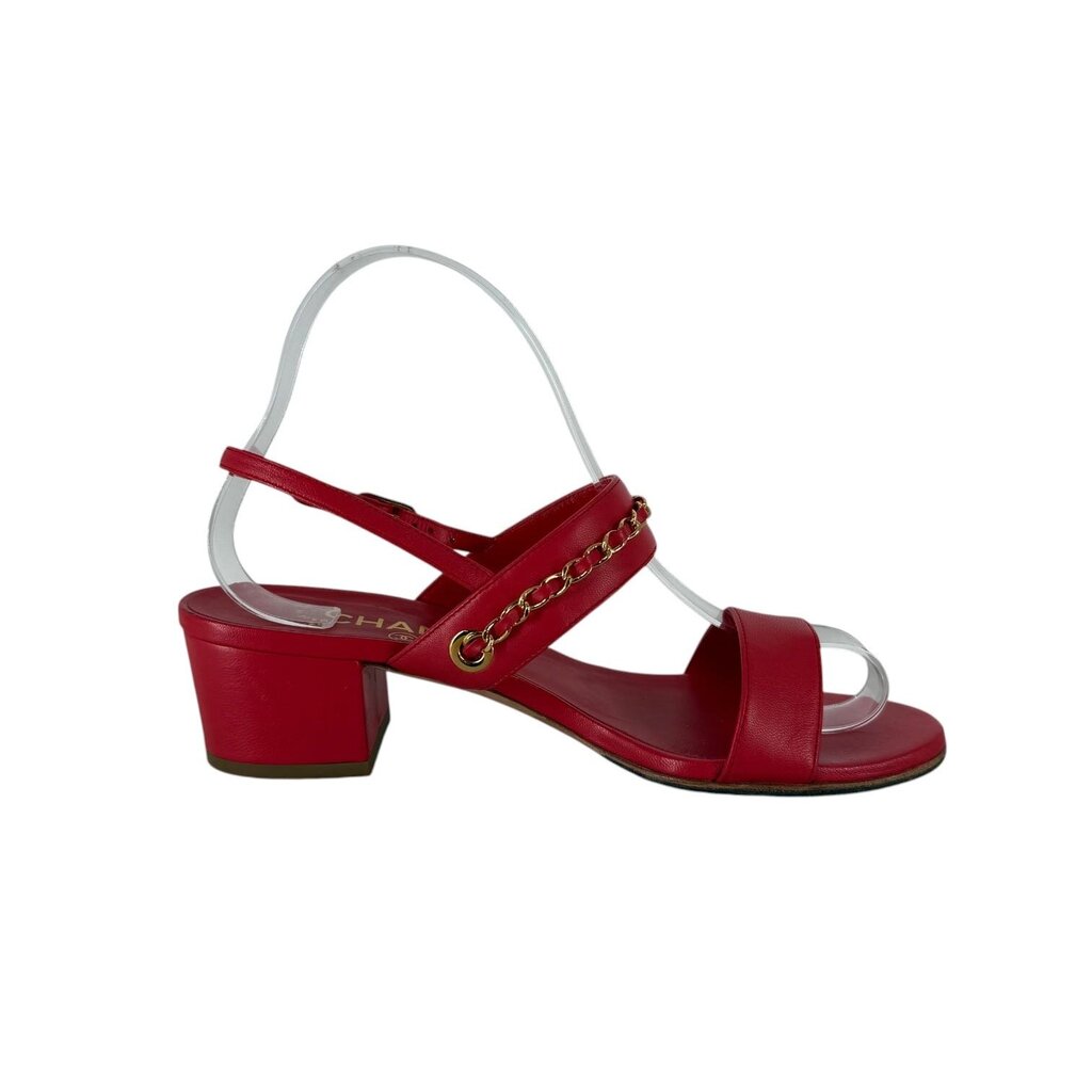 Chanel CC Logo Leather Sandal with Gold Chain Strap