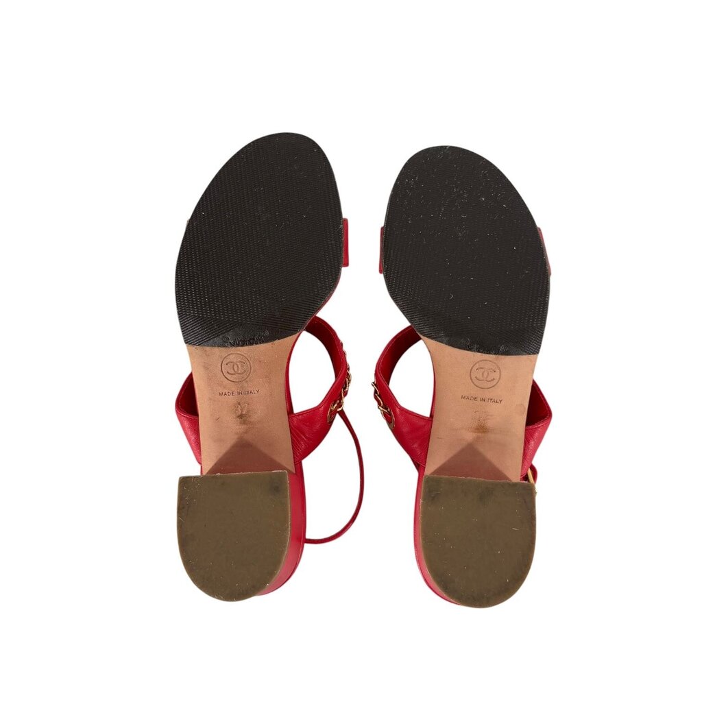 Chanel CC Logo Leather Sandal with Gold Chain Strap